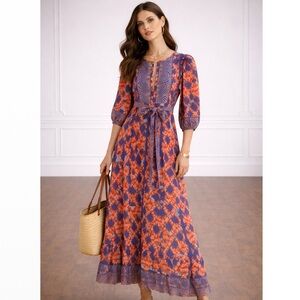 Marea house maxi dress in grecian geo orange / blue women’s size xs